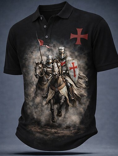  Men's Knights Templar Crusaders Polo Shirts Short Sleeve Polo Shirts Lapel Vintage Casual Street Athleisure Daily Wear 3D Print Buttons Breathable Mesh Summer Spring Black Brown Green