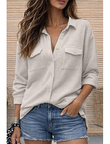  Dames Overhemd Wafel Shirt Normaal shirt Overhemd met knopen Lapwerk Zak Effen Kleur Effen Vakantie Vintage Modieus Lange mouw Strijkijzer Normale tops Streetwear Strand Feestdagen Wit Zomer Lente