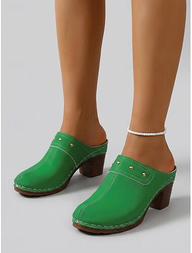  Groene muiltjes met blokhak voor dames – comfortabele instapmuiltjes van imitatieleer met klinknagels &Handgestikte details, casual schoenen met gesloten neus, geschikt voor werk en reizen.