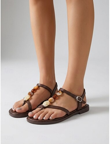  Braune Damen-Sandalen im Boho-Stil mit Riemchen und Strass-Imitat – bequeme, flache Strandschuhe mit Knöchelriemen für Sommerurlaube und Inselausflüge &lässige Strandkleidung