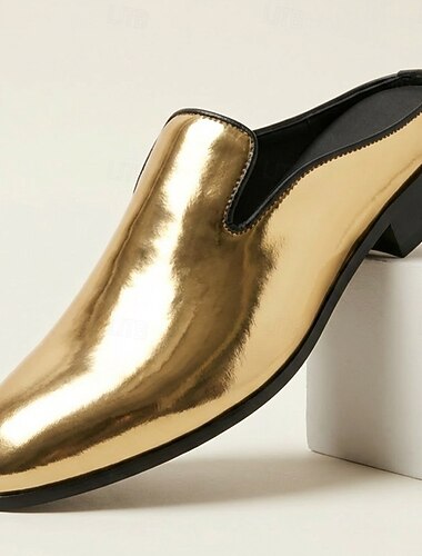  Herre gullfargede metalliske mule-loafers med ryggløs slip-on-sko, moteriktige statement-sko til bryllup, banketter, fester, skoleball, sceneopptredener og luksuriøst kveldsantrekk