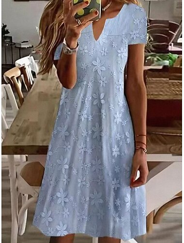  Mulheres Vestido no Joelho Vestido de renda Vestido casual Vestido de verão Elegante Moda Diário Praia Feriado Normal Floral Manga Curta Decote V Azul Verão Primavera
