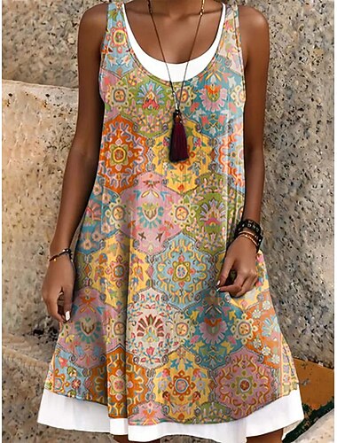  Damen Knielanges Kleid Sommerkleid T-Shirt-Kleid A Linie Kleid Urlaub Lässig Boho Lässiger Schnitt Grafik Geometrisch Ärmellos U-Ausschnitt Gelb Wein Purpur Sommer Frühling