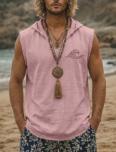  Herenvest met capuchon, oceaan-, golf-, surf-, boho-, kust- en vintage-stijl, losvallend model met V-hals en gerafelde zoom, katoen/linnen, geschikt voor strandvakanties en surfen. Designer kleding in
