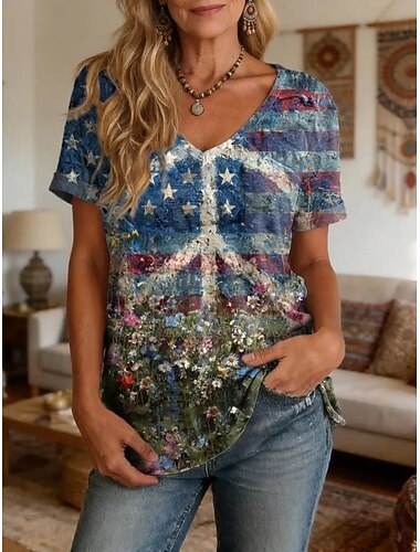  نسائي تي شيرت طباعة ورد الرسم النباتات عتيق أنيق كلاسيكي كم قصير V رقبة قمصان طويلة فضفاض مناسب للبس اليومي عطلة نهاية الاسبوع أزرق أصفر الصيف الربيع