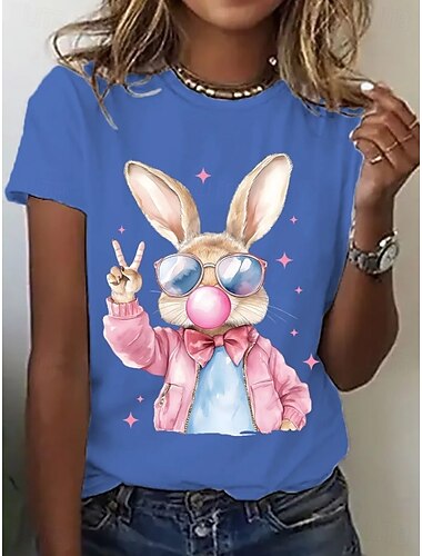  Pasen Dames T-shirt Afdrukken Grafisch dier Tekenfilm Modieus Stijlvol Klassiek Korte mouw Strakke ronde hals Normale tops Dagelijks Weekend blauw As Zwart Wit Blozend Roze Zomer Lente