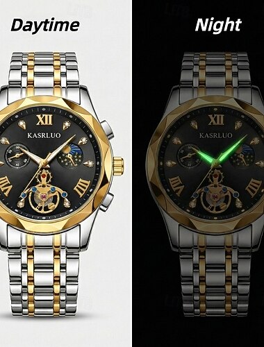  herrklocka - lyxigt armbandsur med självlysande skelett och månfas, tvåfärgad vattentät analog klocka i rostfritt stål med premium presentask, klassisk modepresent till män, pappa, son
