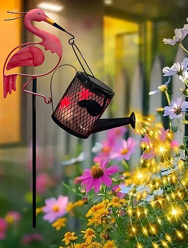  屋外ソーラー防水鉄製フラミンゴ型じょうろLEDフローティングランプ、庭、庭、通路、芝生、パティオ用装飾杭ライト – 夏の雰囲気のある景観照明
