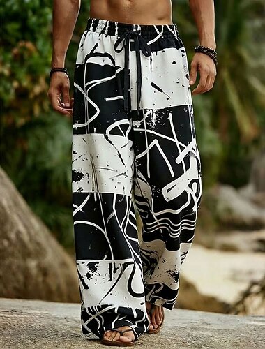  Homme Géométrique Bloc de Couleur Art abstrait Pantalons Pantalon décontracté Pantalons Amples Taille Moyenne Boho Maison Extérieur Vacances Taille élastique avec cordon de serrage Pantalon en lin