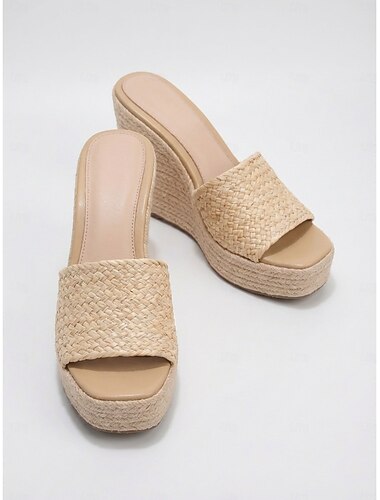  Naturfarbene khakifarbene Keilsandalen für Damen – Espadrille-Plateausandalen mit geflochtener Strohstruktur für Outdoor-Urlaube und Strandresorts &Sommerreisen
