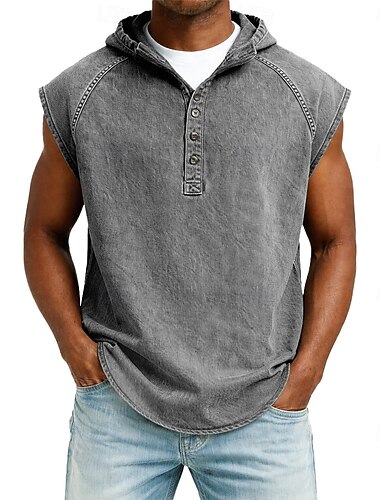  SoftFade™ Camicia Popover da Uomo Camicia Casual Camicia Sbiadita Camicia Tinta in Garment Nera Verde Chiaro Rosa Viola Verde Militare Senza Maniche Piana Cappuccio Casual Quotidiano Abbigliamento