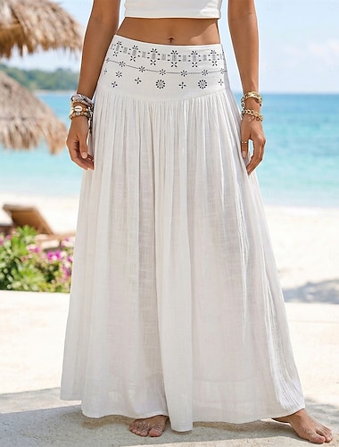  Damen Urlaubsrock Bohemien Vintage Mode Ethnisch Maxi Hohe Taille Röcke Einfach Gerafft Patchwork Heißbohren Mikroelastisch Strand Urlaub Blau Apfel Grün Kastanienbraun Hellgelb Sommer 100% Polyester