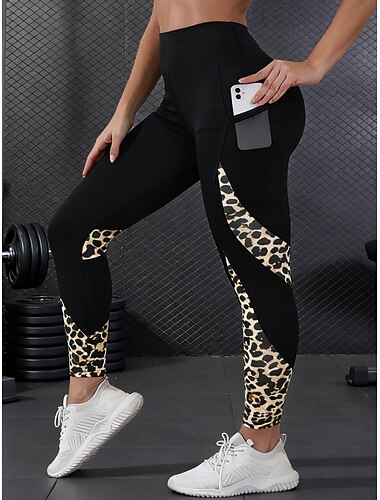  Mulheres Calças de Pilates Calças de ioga Leggings Fitness Bolsos laterais Levantamento de Butt Ruched Cintura Alta Treino de Ginástica Corrida Ginástica Leggings Cores Variadas Estampa de Leopardo