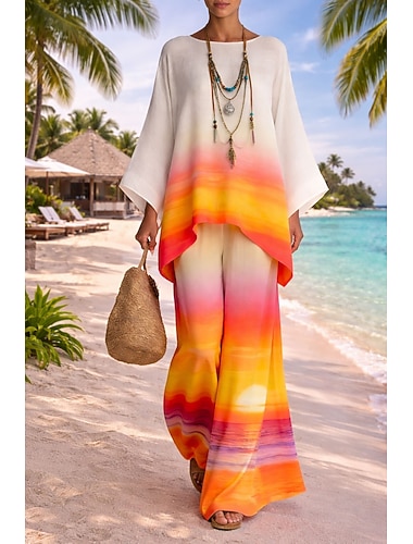  Damen Hosen-Sets Bolero Dreiviertelarm Rundhals Ombre Grafik Druck Mode Streetwear Lässig Täglich Outdoor Orange Sommer Lässiger Schnitt