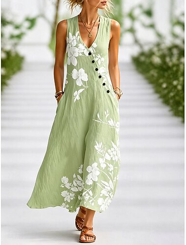  Dam Midiklänning Solklänning Vardagsklänning A linjeklänning Elegant Semester Stylish Strand Helgdag Normal Blommig Grafisk Ärmlös V-hals Blå Purpur Grön Grå Sommar Vår