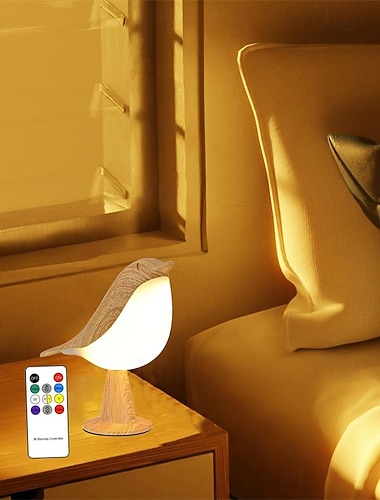  Fuglenattlampe med fjernkontroll, dimbar nattbordlampe med fargeskiftende overflate, LED-barnehagelampe i imitert tre til soverommet, oppladbar stemningslys, dekorativ fuglegave til barn og voksne