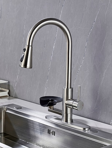  Robinet de cuisine avec distributeur de savon : robinet d'évier de cuisine en acier inoxydable 304 avec douchette extractible à 3 modes, mitigeur à bec haut monocommande pour évier, camping-car, buanderie, bar (nickel brossé)