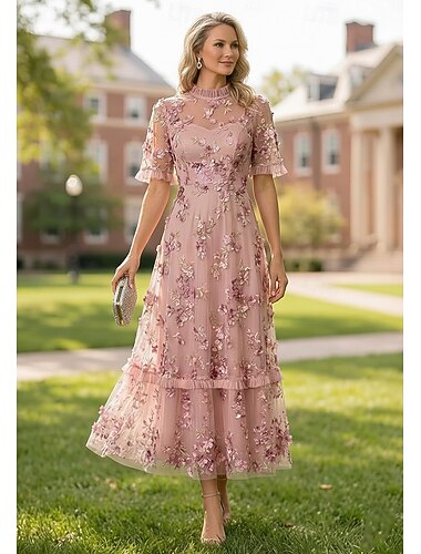  Ligne A Robe Longueur cheville Longueur thé Robe de Cocktail Robe de Mère de Mariée  Manche Courte Col ras du cou Col haut Élégant Luxueux Formel robe demoiselle d honneur Semi-Formel Dentelle avec