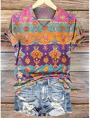  نسائي تي شيرت طباعة ورد الرسم هندسي عتيق أنيق كلاسيكي كم قصير V رقبة قمصان عادية مناسب للبس اليومي عطلة نهاية الاسبوع رماد أرجواني برتقالي الصيف الربيع