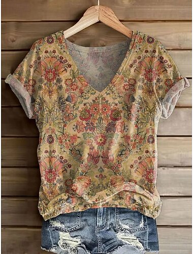  نسائي تي شيرت طباعة ورد الرسم النباتات عتيق أنيق كاجوال كم قصير V رقبة قمصان عادية مناسب للبس اليومي عطلة نهاية الاسبوع أزرق بيج فاتح أسود أحمر بني فاتح الصيف الربيع