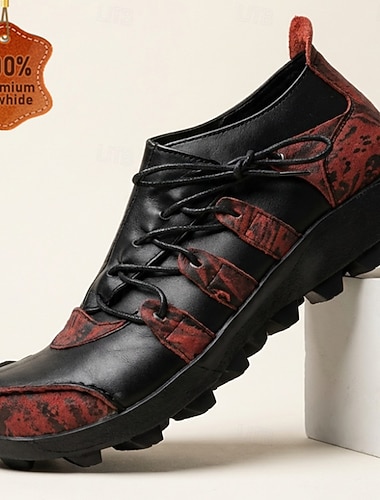  Lässige Herren-Sneaker aus Leder, schwarz-rot, modische Outdoor-Schuhe zum Spazierengehen, Reisen und für den Alltag