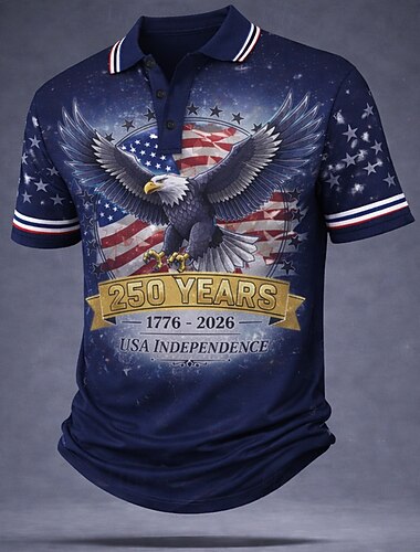  4. juli 2026 250. Herre Amerikansk amerikansk flagg Poloskjorter Kortermet Poloskjorter Skjorter med krage Fritid utendørs Gateklær treningsklær Knapper Pustende netting Vår sommer Blå Rød Navyblå