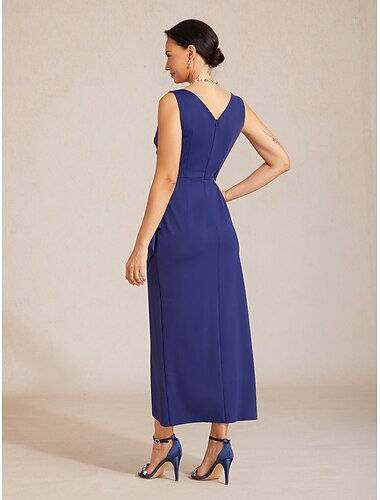  Dames Halflange jurk Schede jurk Wikkeljurk Elegant Avond Feest Bruiloft gast Met ruches Sierstenen Normale pasvorm Effen Kleur Mouwloos V-hals Marineblauw