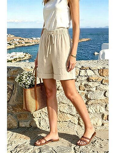  Damen Shorts aus Baumwollleinen Bermudashorts Hose aus Baumwollleinen Chinos Urlaub Basic Kurz Hohe Taille Einfach Tasche Elastischer Bund Bequem Komfort Weich Unelastisch Outdoor Straße Blau Schwarz