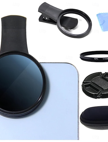  52 mm klipsbart cpl-filtersett for telefonkameralinser, sirkulært polariseringsfilter, kompatibelt med de fleste mobiltelefoner, inkluderer deksel og klips &rengjøringsklut