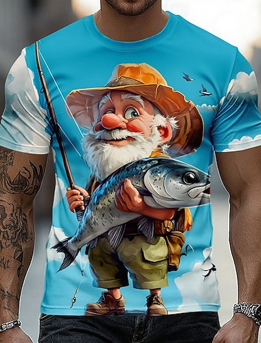  رجالي الرجل العجوز الصيد تي شيرت كم قصير تي شيرت طباعة ثلاثية الأبعاد رقبة عالية مدورة قميص مبالغ فيه مصمم مناسب للبس اليومي نادي مناسب للحفلات أزرق أزرق فاتح الصيف الربيع كل الفصول ملابس S M L XL