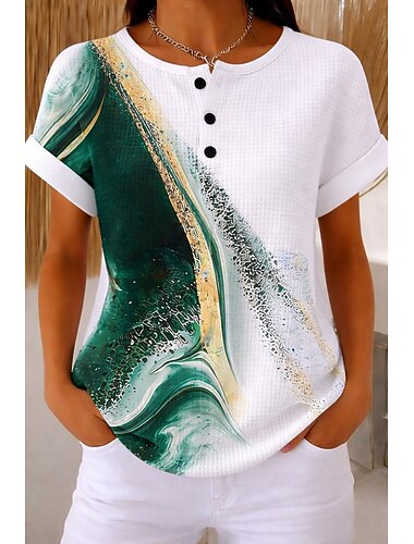  Per donna Maglietta Waffle Top a maglia con texture Maglietta Blocco di colore Stampato Grafico Geometrico Astratto Vintage Elegante Classico Manica Corta Girocollo Henley Top Regolari Casuale