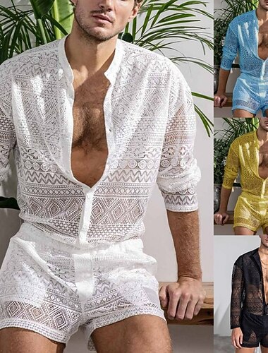  Herren Zweiteilig Hemd Set Sommer-Set Und Shorts Set Einfach Lässig Täglich Strand Kragen Kragenlos Langarm Sommer Frühling Mode Lässig Bequem Bekleidung