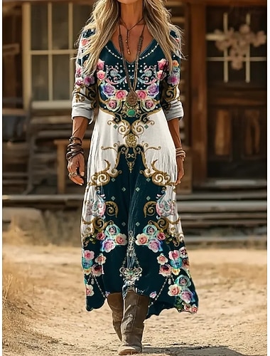  Dames Maxi-jurk Zonnejurk Zomerjurk Vakantie Casual Boho Dagelijks Normale pasvorm Bloemig Grafisch Paisley Lange mouw V-hals Zwart Rood Groen Zomer Lente
