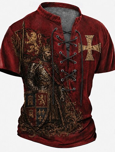  Ritter-Templer-Kreuzritter-Rüstung, rotes Kreuz, Rabe, Herren-Mittelalter-Renaissance-Vintage-Gothic-Henley-Shirt mit Allover-Print, Schnürung, Kurzarm, Renaissance-Markt-Cosplay-Kostüm, Streetwear,