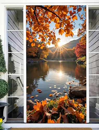  höst höst lönnlöv natur landskap dörrbanderoll gyllene solstråle sjölandskap dörröverdrag 3D skog flodutsikt effekt väggtapet för Thanksgiving verandadekoration