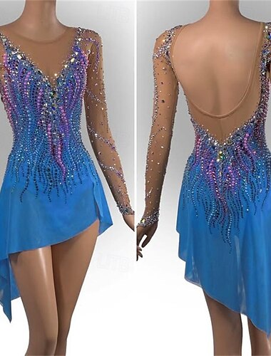  שמלה להחלקה אמנותית בגדי ריקוד נשים בנות החלקה על הקרח שמלות כחול סקיי פתוח בגב רשת ספנדקס גמישות גבוהה הדרכה תחרות ביגוד להחלקה על הקרח קלאסי קריסטלים / אבנים נוצצות שרוול ארוך