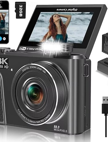  8K-Digitalkamera für Fotografie, 88-MP-WLAN-Vlogging-Kamera für YouTube, 18-facher Zoom, 180°-Klappbildschirm, Kompaktkamera mit 64-GB-SD-Karte, tragbare Point-and-Shoot-Kamera für Anfänger und