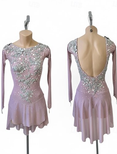  Klänningar till konståkning Dam Skridskor Klänningar Rosa Lappverk Tummen Elastisk Träning Tävling Skridskoplagg Klassisk Kristall / Strass Stenar Långärmad Skridskoåkning Konståkning