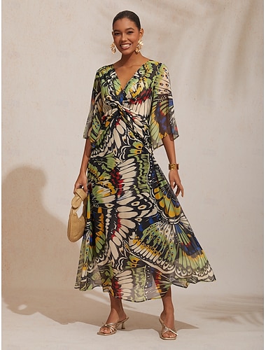  Maxikleid aus fließendem Chiffon mit Dschungel-Schmetterlingsmuster