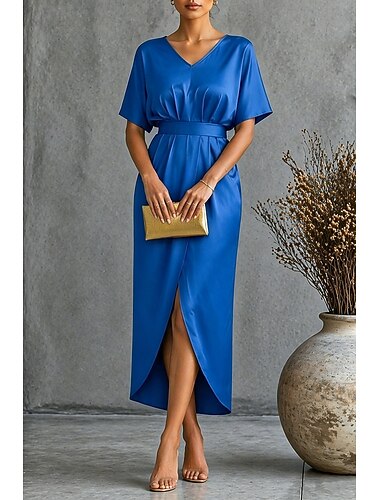  Women's Midi Dress Satin Dress Party Dress Cocktail Dress Elegant Modern Evening Party Party Regular Fit Plain Short Sleeve V Neck Black Yellow Royal Blue Dark Green Spring Fall Winter