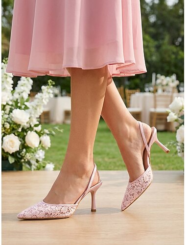  Escarpins roses à bride arrière en dentelle pour femmes – élégants escarpins à bout pointu pour les invitées à un mariage en plein air &fêtes d'été