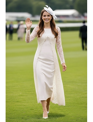  Tweedelig Strak kolom Tot de knie Bruiloft gast jurk Moeder van de bruid jurk Mouwloos Vierkante hals Elegant Bruiloft gast Bruiloft Kerk (83 Chiffon Kant Jas Jurken met Effen kleur