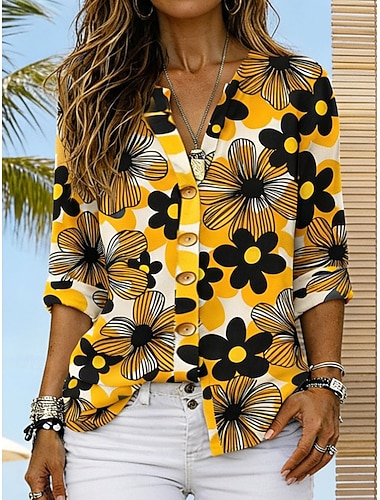  Dámské Košile Tunika Letní vrcholy Knoflíky Květinový Grafika prázdniny Vinobraní Denní Dlouhý rukáv Do V Běžné topy Denní Dovolená Jdeme ven Vodní modrá Žlutá Rubínově červená Trávová zelená Léto