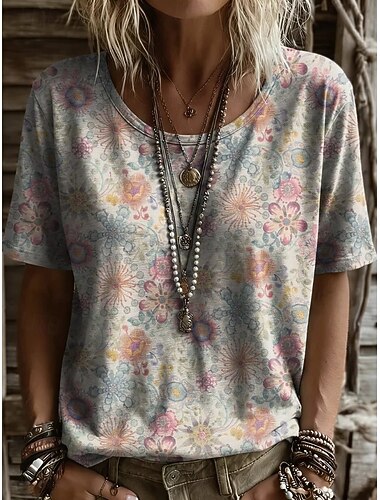  نسائي تي شيرت طباعة ورد الرسم النباتات عتيق أنيق كاجوال كم قصير V رقبة قمصان عادية فضفاض مناسب للبس اليومي عطلة نهاية الاسبوع أزرق أزرق / أبيض بيج فاتح البيج الصيف الربيع