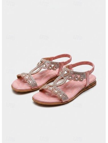  Rosa Boho-Sandalen für Damen mit Strassherzen – elegante und funkelnde flache Schuhe für Sommer, Strand und Urlaub