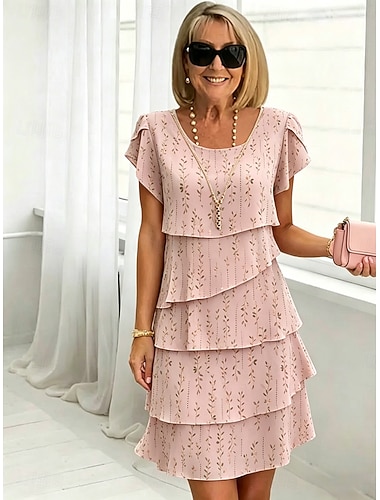  Dames Knielengte jurk Chiffon jurk Bloemetjesjurk Elegant Modieus Modern Vakantie Feest Weekend Normale pasvorm Bloemig Korte mouw Strakke ronde hals Blozend Roze Groen Zomer Lente