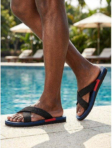  Herre Minimalistisk Fritid Daglig Feriested og bassengkant PU Lær Tekstil Bekvem Slippers Svart Blå Sommer