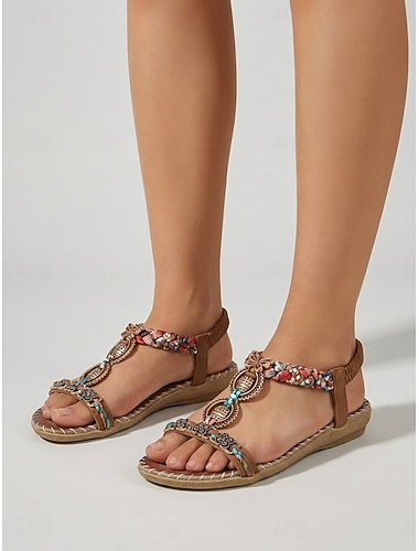  Koffiebruine platte sandalen voor dames met kralen - comfortabele boho sandalen met edelsteeninleg voor strandvakanties en buitenactiviteiten. &tropische vakantiekleding