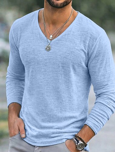  Herre T-skjorte T-skjorte i lin Langermet V-hals Vår sommer Sommer Helfarge عادي Med Tekstur Daglig Fritid Gate stil Ren Avslappet utendørs Gate Blå Sjø blå Svart Topp T-skjorte for menn