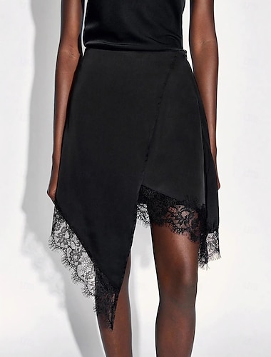  Damen Spitzenrock Elegant Asymmetrisch Mittlere Taille Röcke Einfarbig Unelastisch Täglich Strand Schwarz Frühling Spandex Polyester
